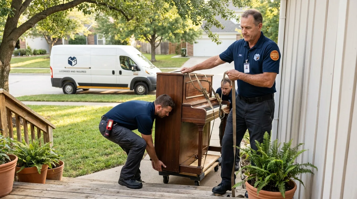 Licensed piano movers securing grand piano in Broadway, VA