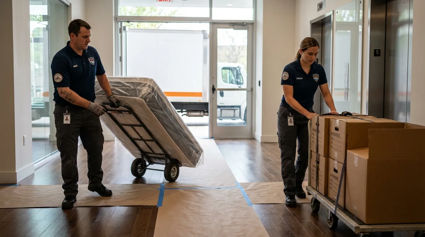 Professional apartment movers loading elevator in Broadway, VA